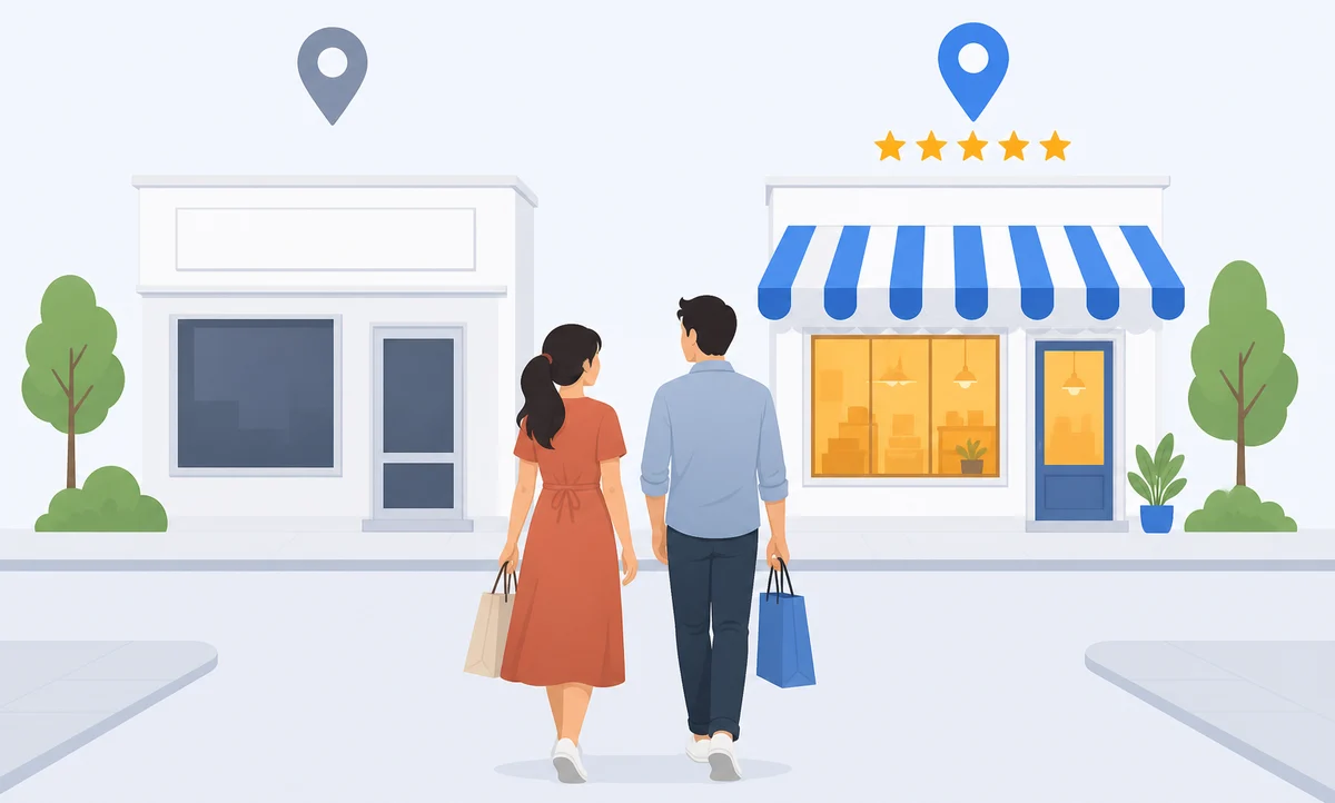 Một cặp khách đi mua sắm, nhìn từ sau lưng, đang đứng giữa hai cửa hàng: bên trái đèn tắt và biển hiệu trống, phía trên là ghim bản đồ xám; bên phải sáng đèn, có mái hiên, phía trên là ghim xanh và năm sao